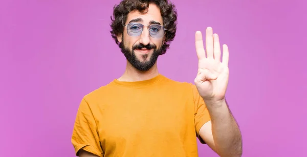 Young Crazy Cool Man Smiling Looking Friendly Showing Number Four — Stock Photo, Image