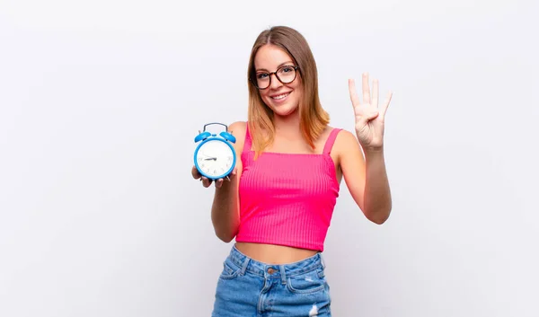 Red Head Pretty Woman Holding Alarm Clock Expressing Concept — Stock Photo, Image