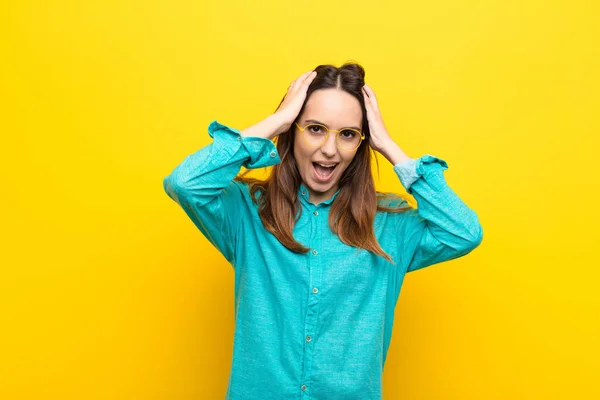 Young Pretty Woman Raising Hands Head Open Mouthed Feeling Extremely — Stock Photo, Image