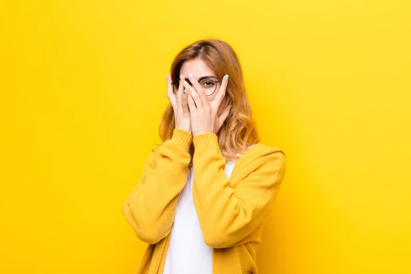 Young Pretty Blonde Woman Feeling Scared Embarrassed Peeking Spying Eyes — Stock Photo, Image