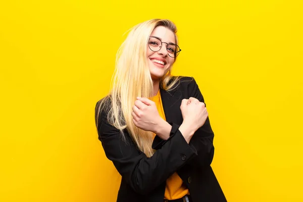 Young Pretty Blonde Woman Smiling Cheerfully Celebrating Fists Clenched Arms — Stock Photo, Image