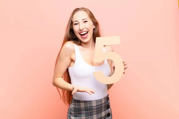 Yound Blonde Woman Excited Happy Joyful Holding Number — Stock Photo, Image