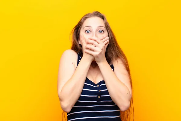 Yound Blonde Woman Covering Mouth Hands Shocked Surprised Expression Keeping — Stock Photo, Image