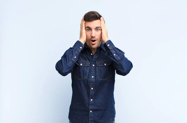 Young Handsome Man Looking Unpleasantly Shocked Scared Worried Mouth Wide — Stock Photo, Image