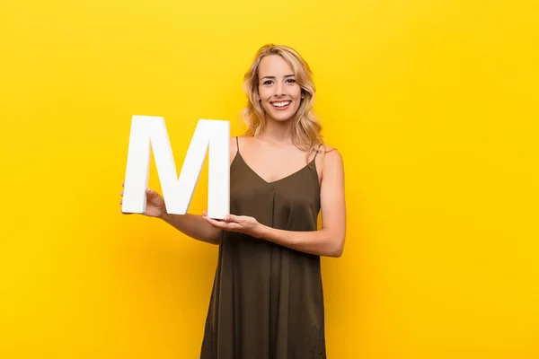 Young Blonde Woman Excited Happy Joyful Holding Letter Alphabet Form — Stock Photo, Image