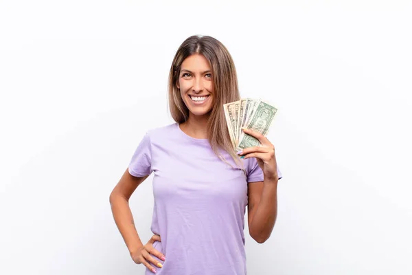 Joven Bonita Mujer Sintiéndose Como Genio Feliz Emocionado Después Darse — Foto de Stock