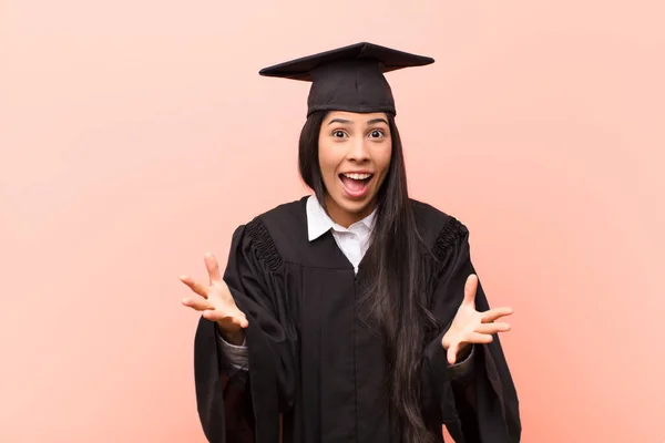 Young Latin Woman Student Feeling Happy Astonished Lucky Surprised Saying — Stock Photo, Image