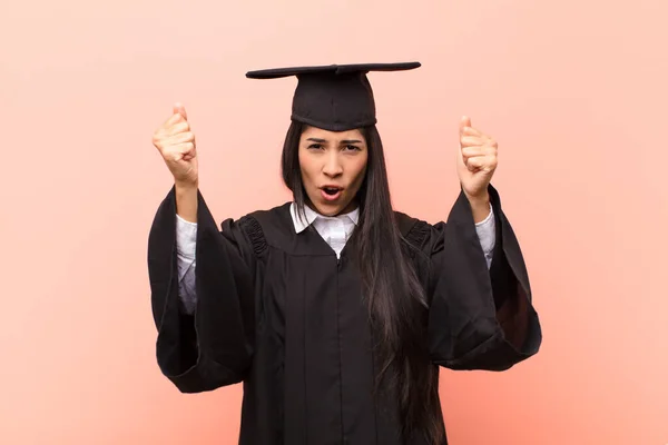 Young Latin Woman Student Celebrating Unbelievable Success Winner Looking Excited — Stock Photo, Image