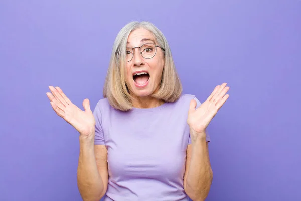 Senior Middle Age Pretty Woman Looking Happy Excited Shocked Unexpected — Stock Photo, Image