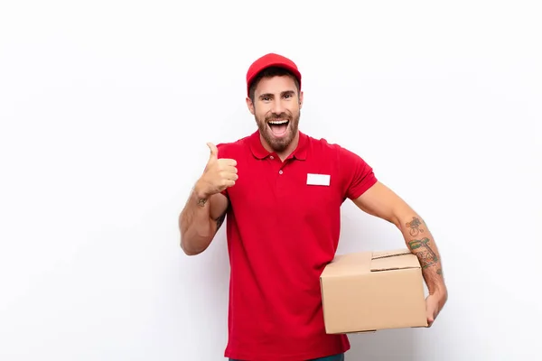 Smiling Broadly Looking Happy Positive Confident Successful Both Thumbs Delivery — Stock Photo, Image