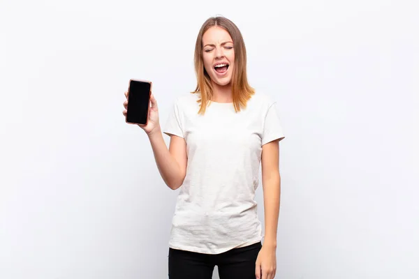 Red Head Pretty Woman Shouting Aggressively Looking Very Angry Frustrated — Stock Photo, Image