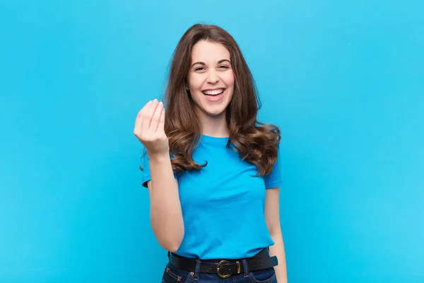 Young Pretty Woman Making Capice Money Gesture Telling You Pay — Stock Photo, Image