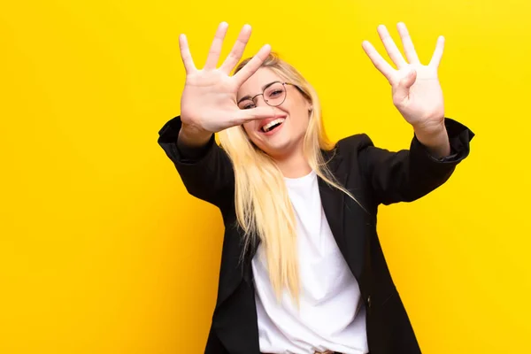 Young Pretty Blonde Woman Smiling Looking Friendly Showing Number Nine — Stock Photo, Image