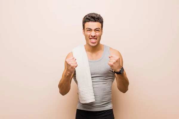 Young Arabian Man Shouting Aggressively Annoyed Frustrated Angry Look Tight — Stock Photo, Image