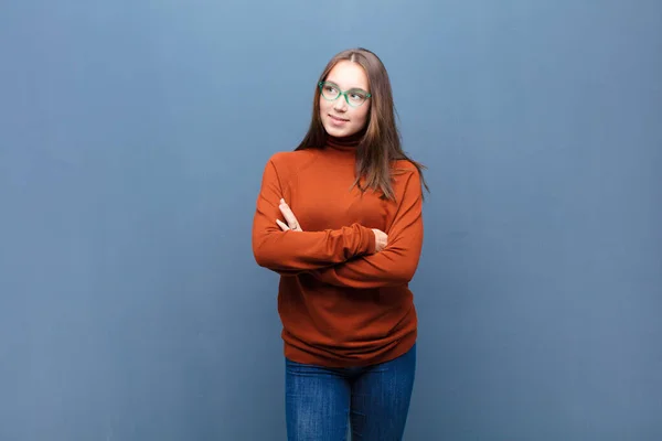 Young Blonde Pretty Girl Feeling Happy Proud Hopeful Wondering Thinking — Stock Photo, Image