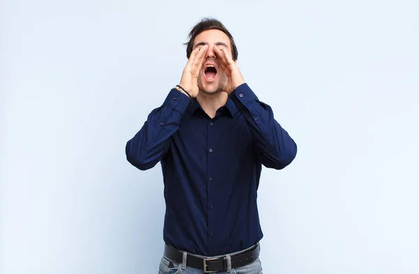 Man Feeling Happy Excited Positive Giving Big Shout Out Hands — Stock Photo, Image