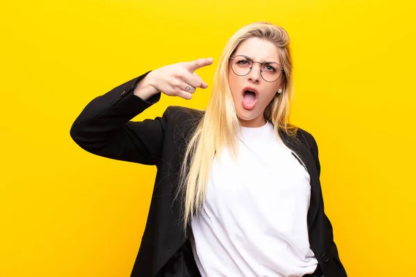Young Pretty Blonde Woman Pointing Camera Angry Aggressive Expression Looking — Stock Photo, Image