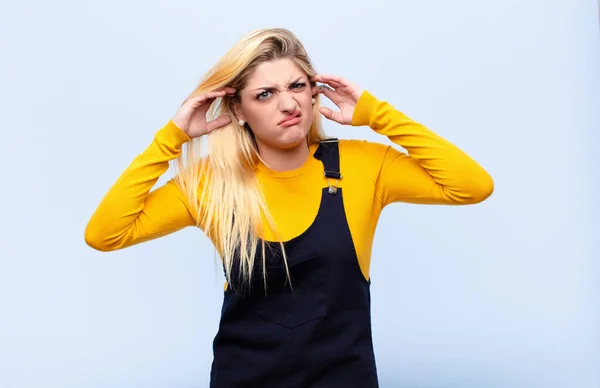Young Pretty Blonde Woman Looking Angry Stressed Annoyed Covering Both — Stock Photo, Image