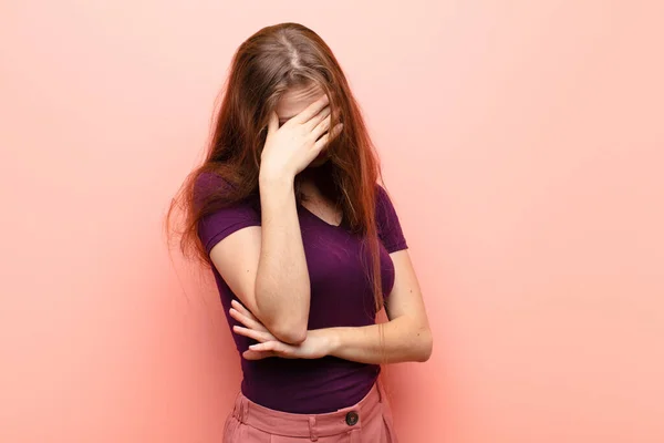 Yound Blonde Woman Looking Stressed Ashamed Upset Headache Covering Face — Stock Photo, Image