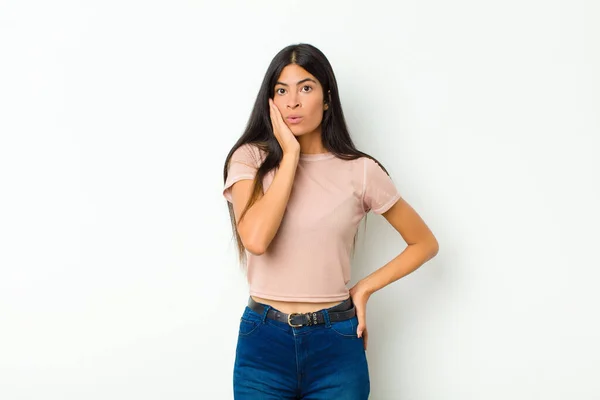 Young Pretty Latin Woman Feeling Shocked Astonished Holding Face Hand — Stock Photo, Image