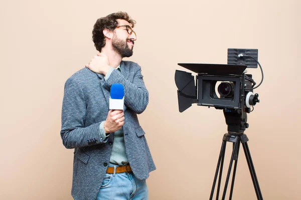 Television Presenter Feeling Tired Stressed Anxious Frustrated Depressed Suffering Back — Stock Photo, Image