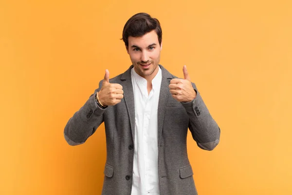 Man Smiling Broadly Looking Happy Positive Confident Successful Both Thumbs — Stock Photo, Image
