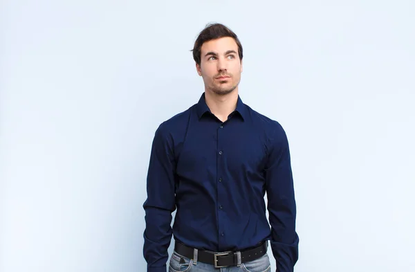 Young Handsome Man Worried Confused Clueless Expression Looking Copy Space — Stock Photo, Image