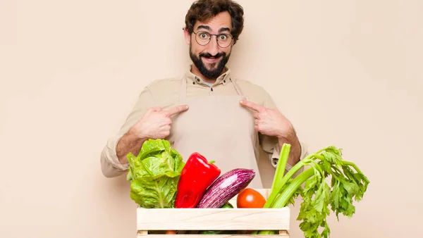 Green Grocery Man Feeling Happy Surprised Proud Pointing Self Excited — Stock Photo, Image