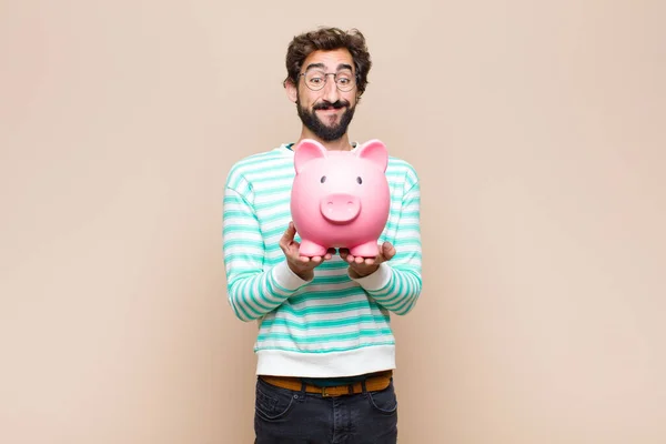 Young Cool Man Holding Piggy Bank Clean Wall — Stock Photo, Image