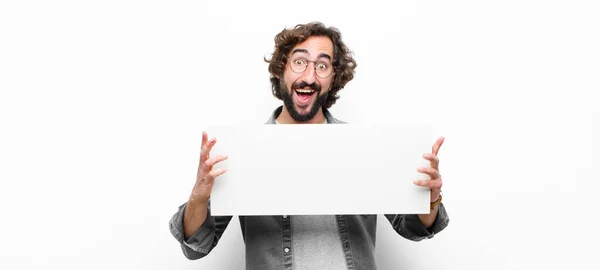 Young Crazy Cool Man Holding Placard White Wall — 스톡 사진