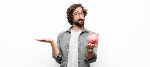 Young Crazy Cool Man Holding Piggy Bank White Wall — Stock Photo, Image