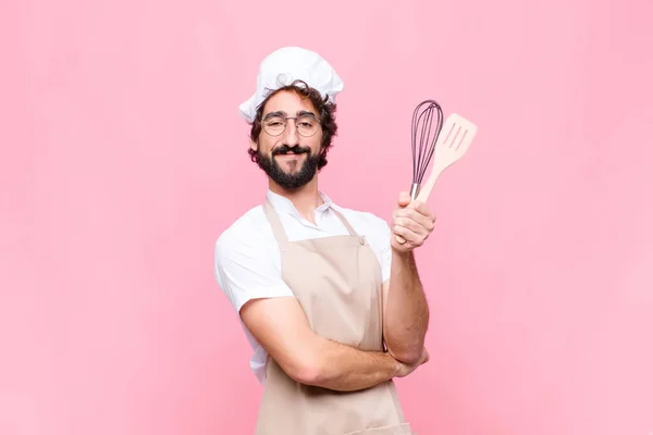 Young Crazy Baker Man Cook Tool Pink Wall — Stock Photo, Image