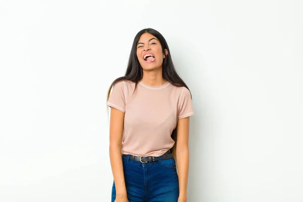 Young Pretty Latin Woman Looking Goofy Funny Silly Cross Eyed — Stock Photo, Image