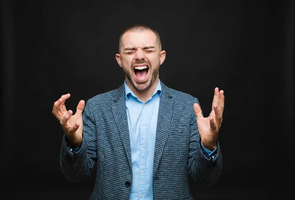 Young Businessman Furiously Screaming Feeling Stressed Annoyed Hands Air Saying — Stock Photo, Image