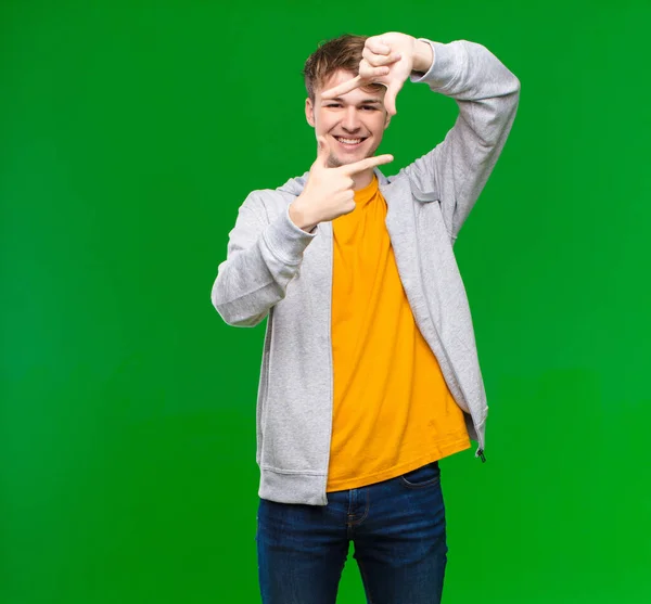 Young Blonde Man Feeling Happy Friendly Positive Smiling Making Portrait — Stock Photo, Image