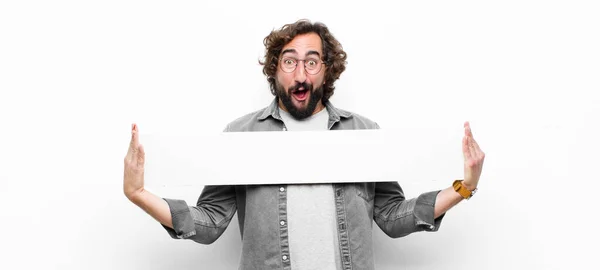 Young Crazy Cool Man Holding Placard White Wall — Stock Photo, Image