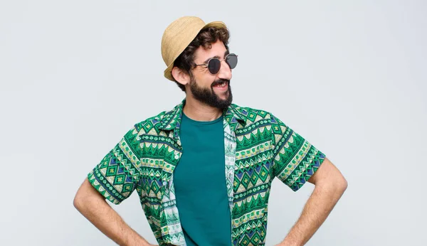 Young Tourist Man Looking Happy Cheerful Confident Smiling Proudly Looking — Stock Photo, Image