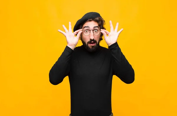 Young French Artist Man Feeling Shocked Amazed Surprised Holding Glasses — Stock Photo, Image