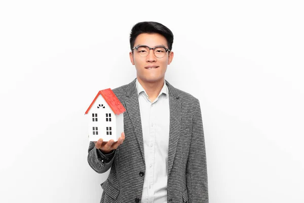 Young Japanese Man Looking Puzzled Confused Biting Lip Nervous Gesture — Stock Photo, Image