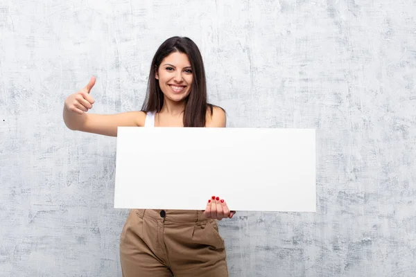 Young Pretty Woman Holding Banner Grunge Wall — Stock Photo, Image