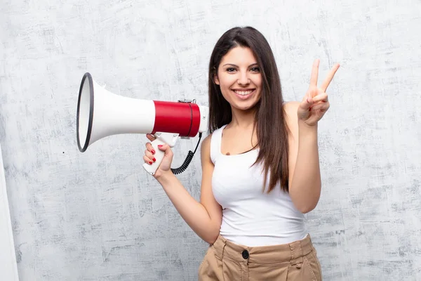Young Pretty Woman Holding Megaphone Cement Wall — Stock Photo, Image