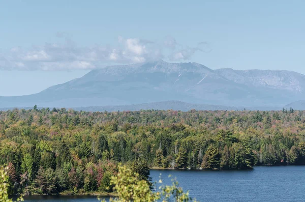 View from the Cole Overlook across Salmon Stream Lake toward 5267-foot Mount Katahdin in Baxter State Park, the northern end of the Appalachian Trail. The overlook is on the northbound side of I-95 at mile marker 252.