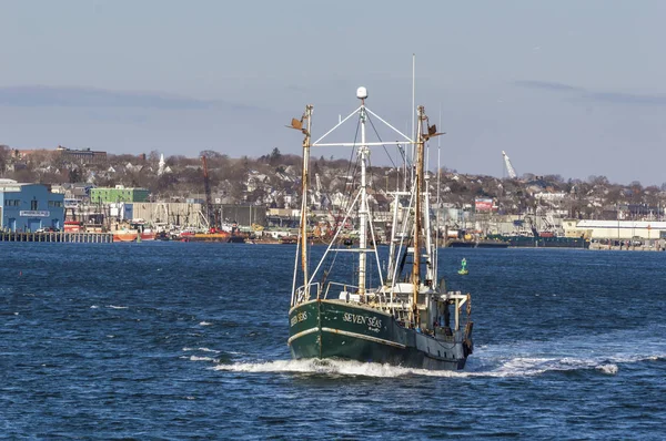 Trawler Seven Seas leaving New Bedford — Stock Image Trawler Seven Seas leaving New Bedford Royalty Free Stock Images