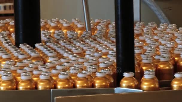 Botellas de perfume se mueven por la línea de transporte en la fábrica de perfumes Fragonard en Grasse, Francia . — Vídeo de stock
