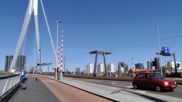 Os carros passam pela famosa ponte Erasmus em Roterdão, Países Baixos . — Vídeo de Stock