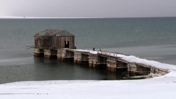 View to the buildings of the abandoned Russian arctic settlement of Grumant, Norway. — Stock Video