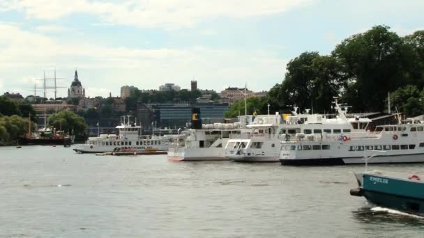 Passeios de barco pelo porto da cidade de Estocolmo, Suécia . — Vídeo de Stock