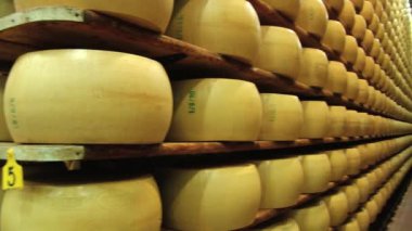 Peynir parmesan peynir fabrikası Modena, İtalya Cellar'da raflarda olgunlaşması tekerlekler görüntülemek.