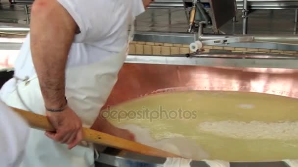 Mensen produceren Parmezaanse kaas in de fabriek in Modena, Italië. — Stockvideo