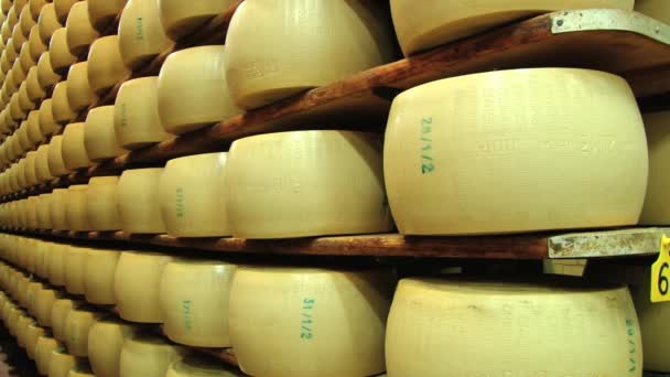 View to the cheese-wheels of parmesan maturing on the shelves at the cellar of the cheese factory in Modena, Italy. — Stock Video